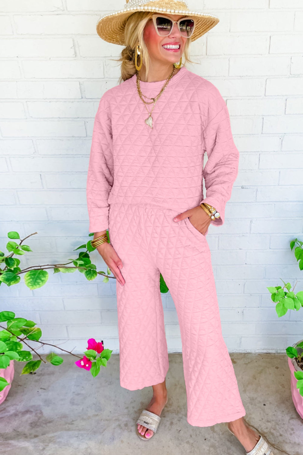 Pink Solid Quilted Pullover and Pants Outfit