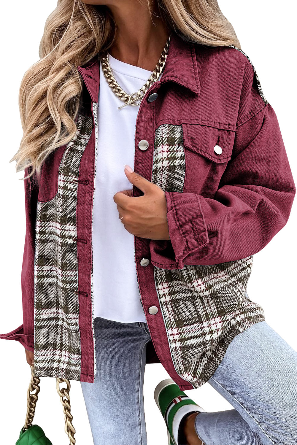 Sky Blue Plaid Patchwork Pockets Denim Jacket