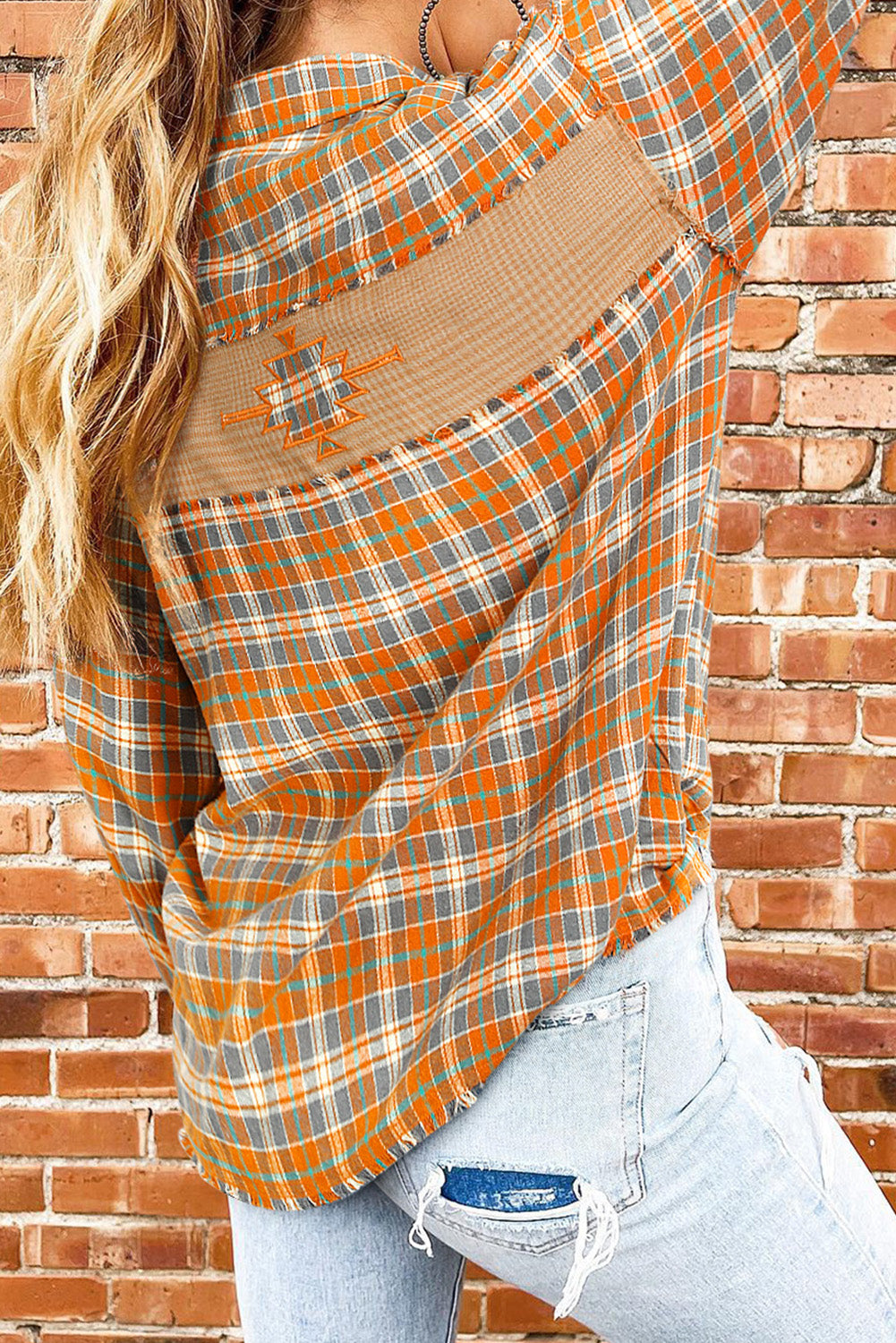 Ginger Plaid Embroidery Patch Button-Down Shacket