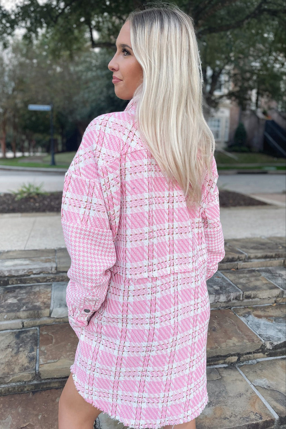 Pink Houndstooth Splicing Oversized Tweed Shacket