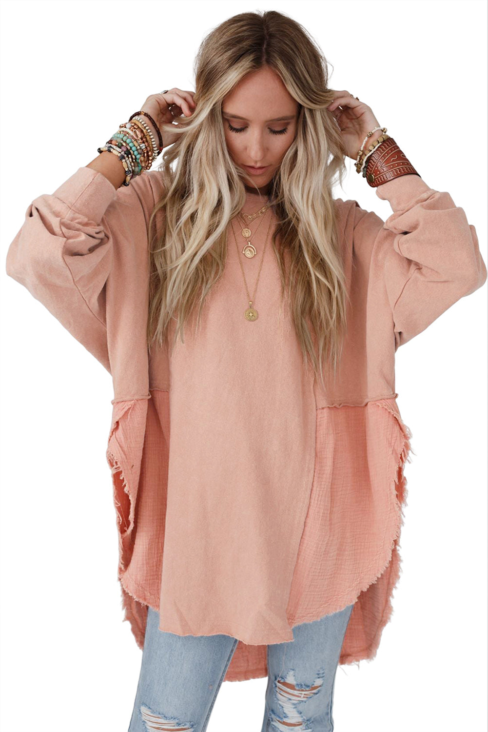 Rose Pink Crinkle Splicing Raw Hem High Low Oversized Blouse