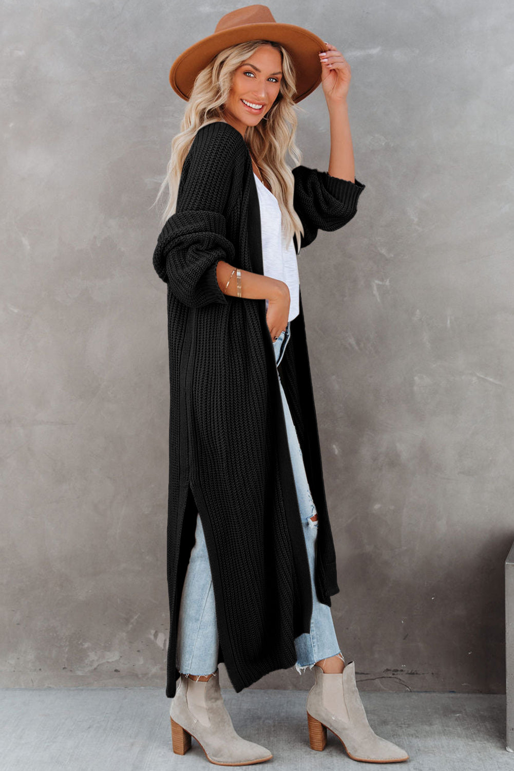 Black Open Front Side Slit Duster Knit Cardigan