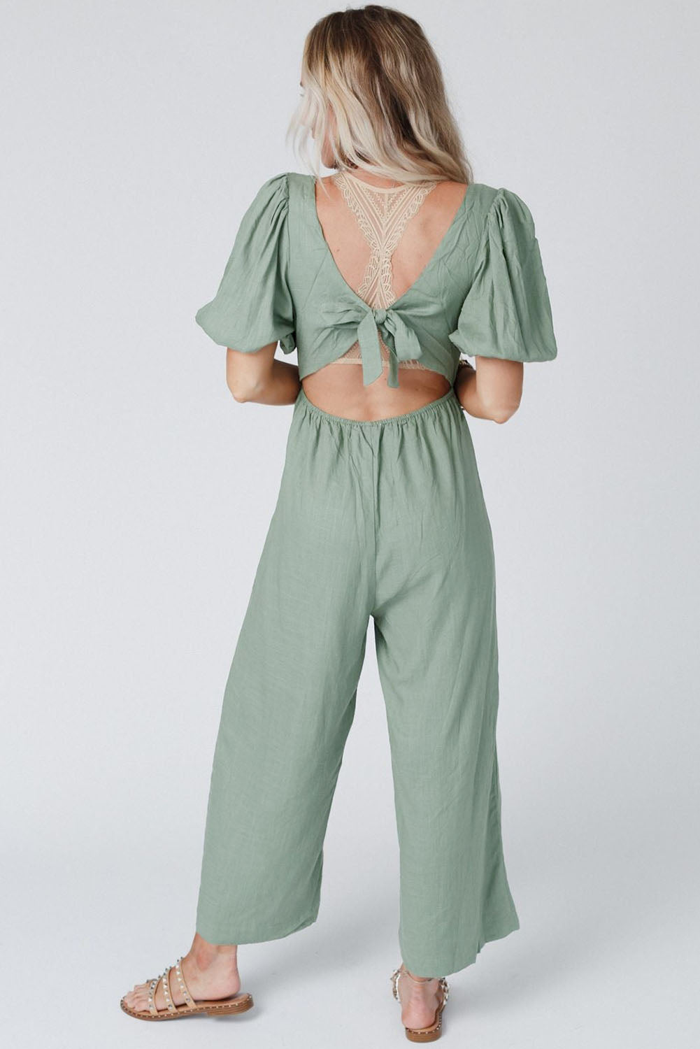 V Neck Puff Sleeve Hollow out Wide Leg Jumpsuit