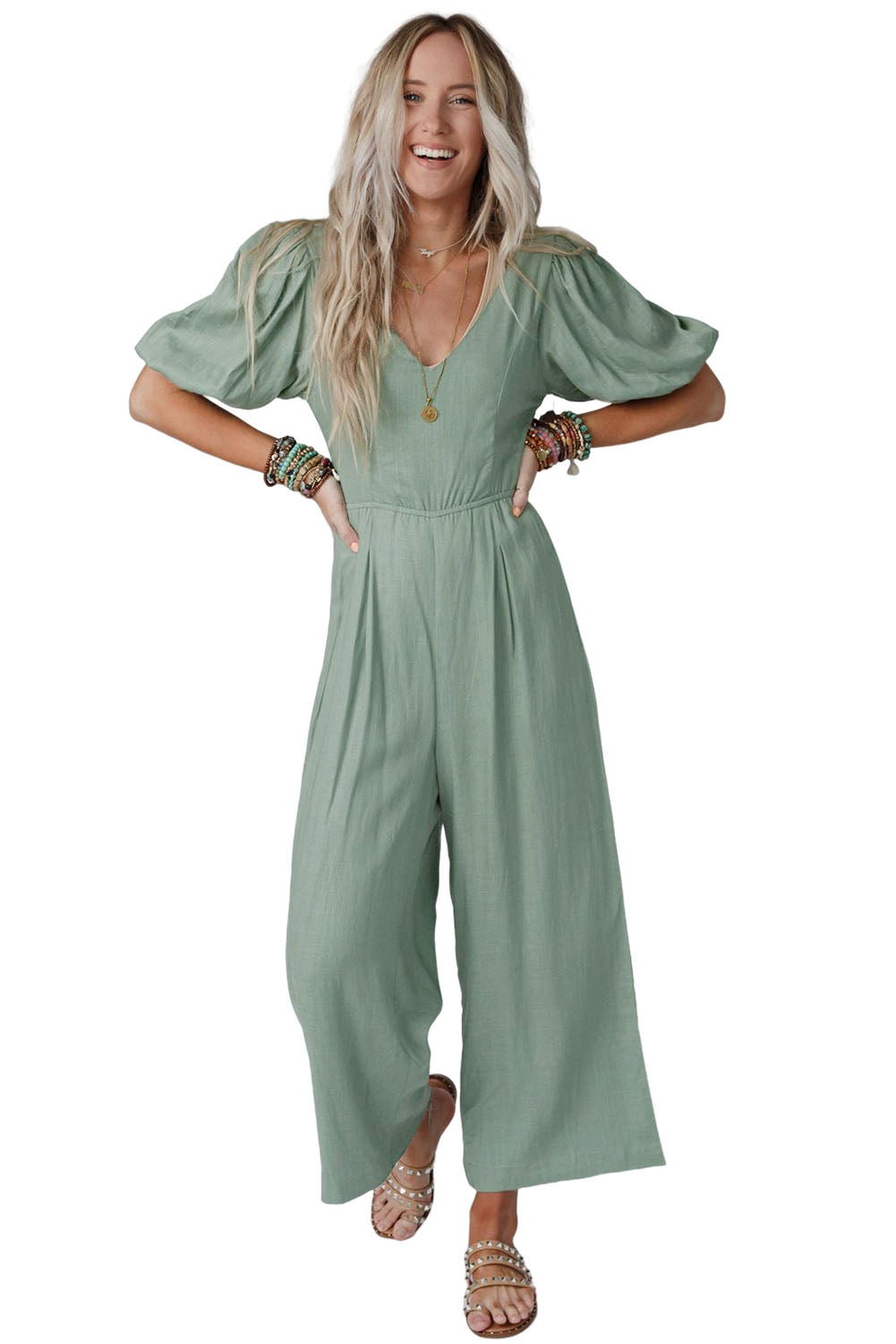 V Neck Puff Sleeve Hollow out Wide Leg Jumpsuit