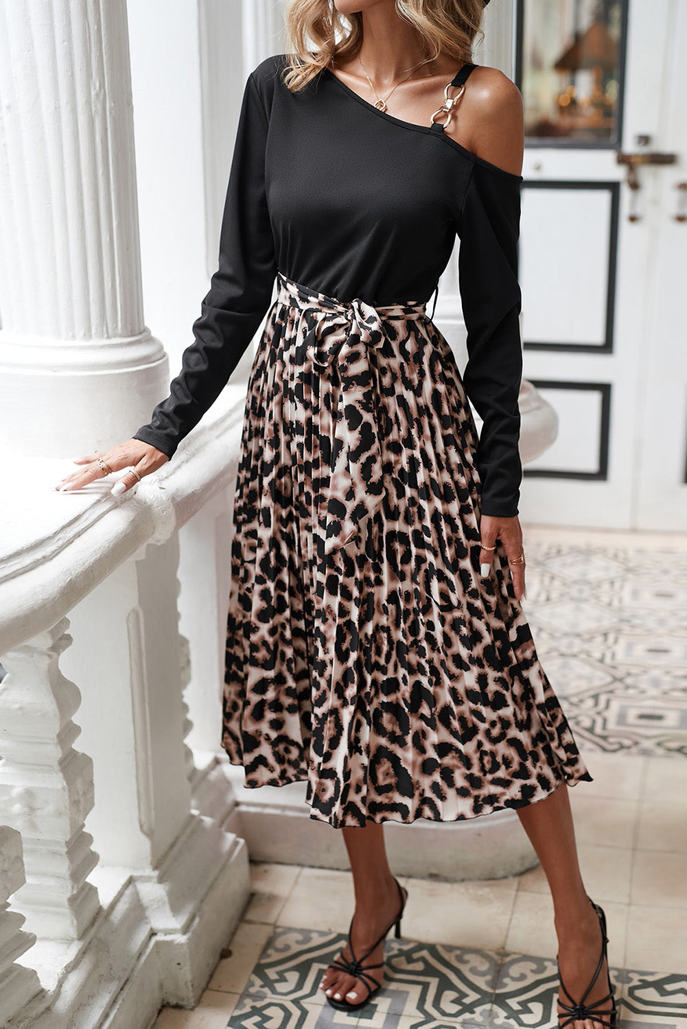 Black Asymmetric Shoulder Leopard Belted Dress