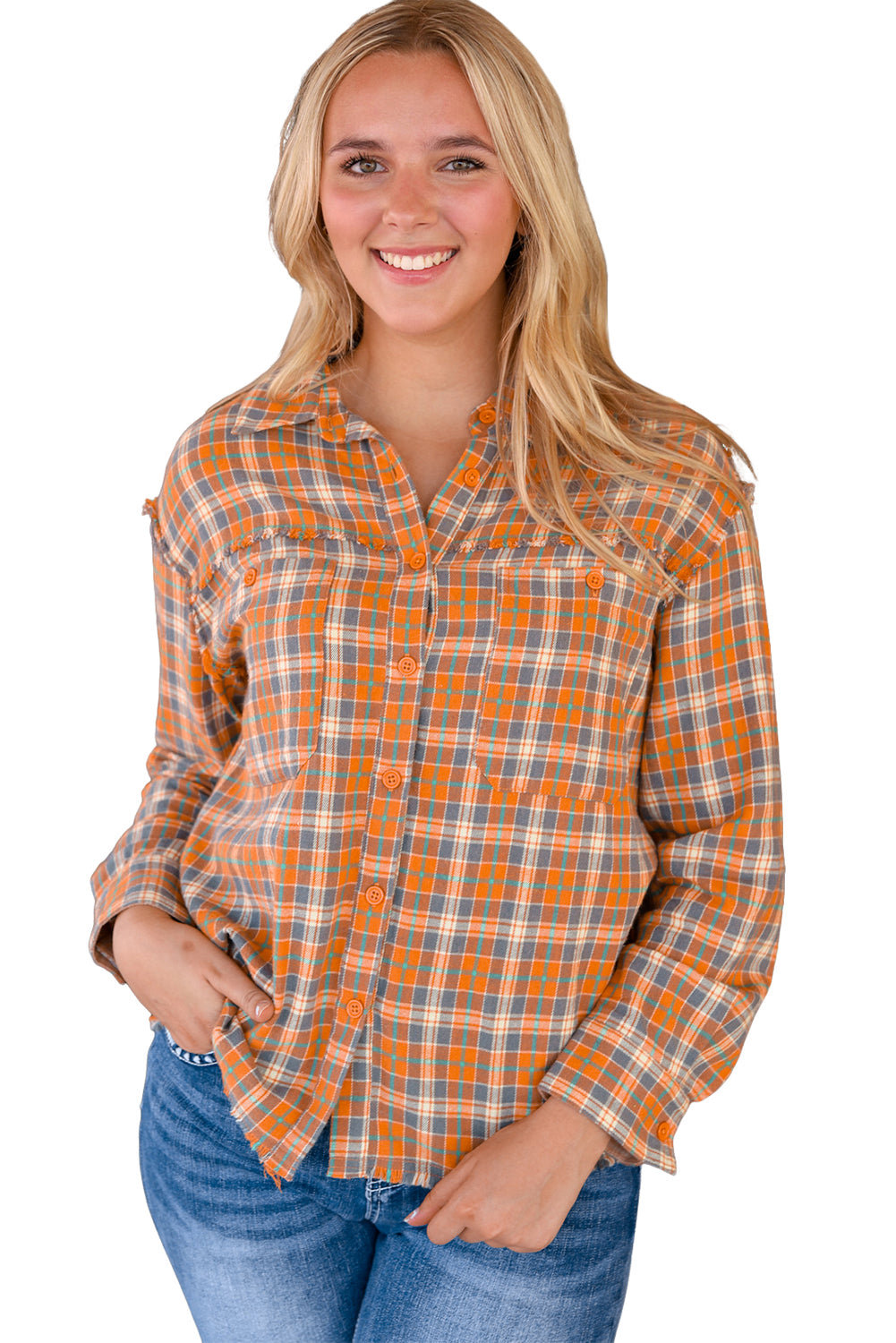 Ginger Plaid Embroidery Patch Button-Down Shacket