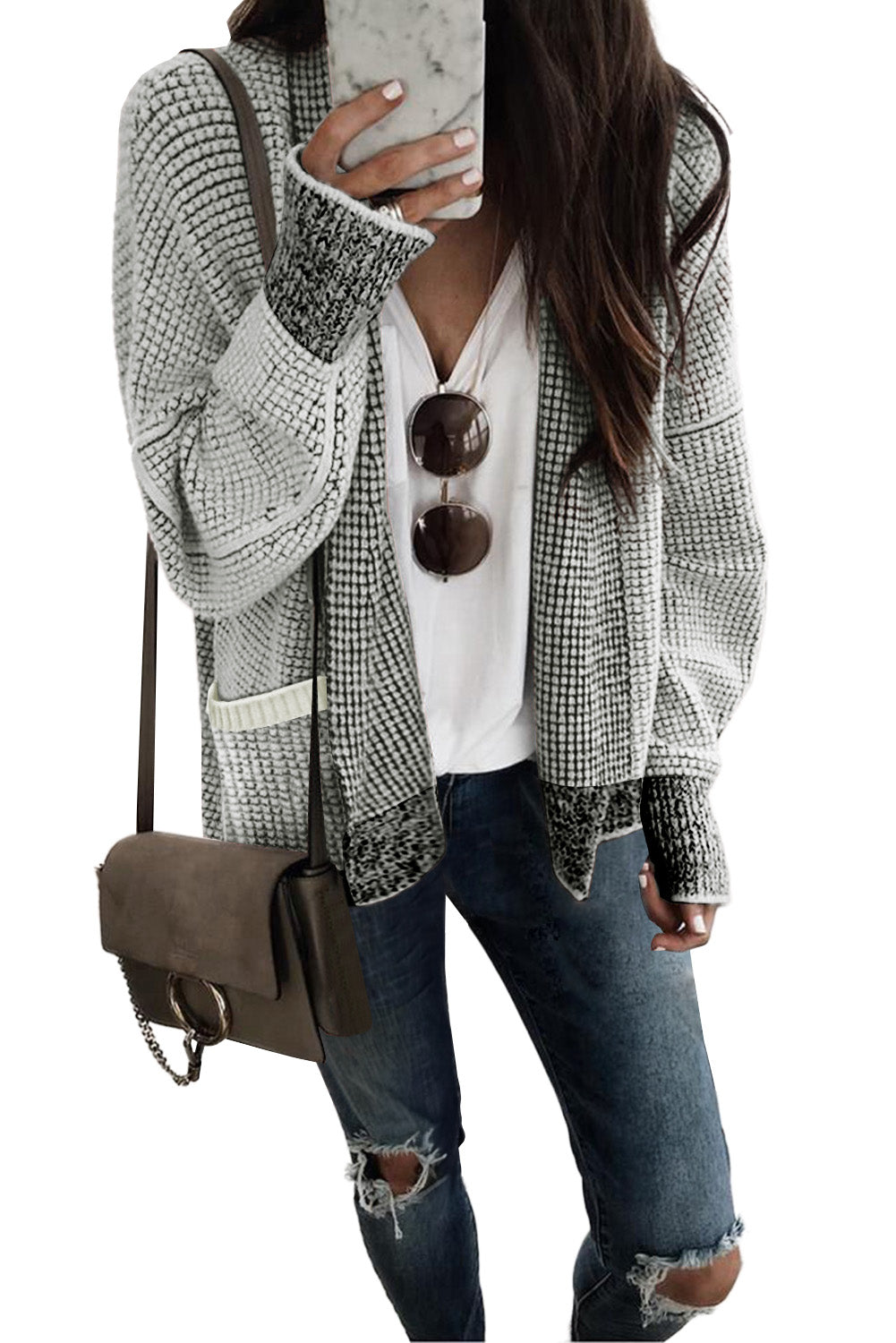 Gray Chunky Waffle Knit Oversized Collar Cardigan