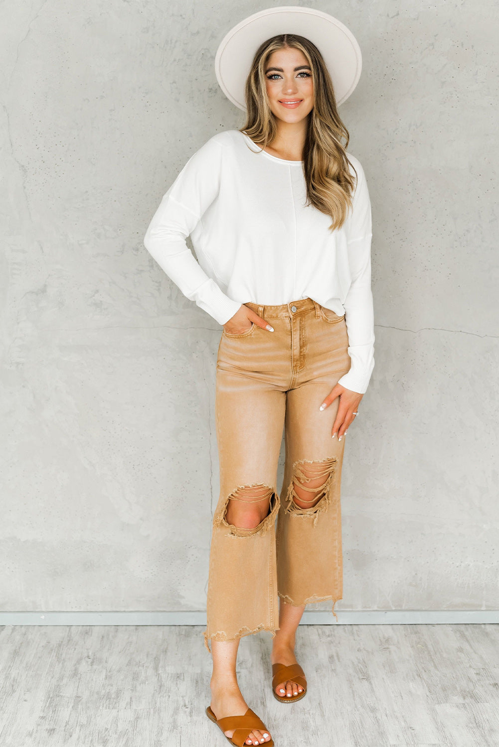 Brown Distressed Hollow-out High Waist Cropped Flare Jeans