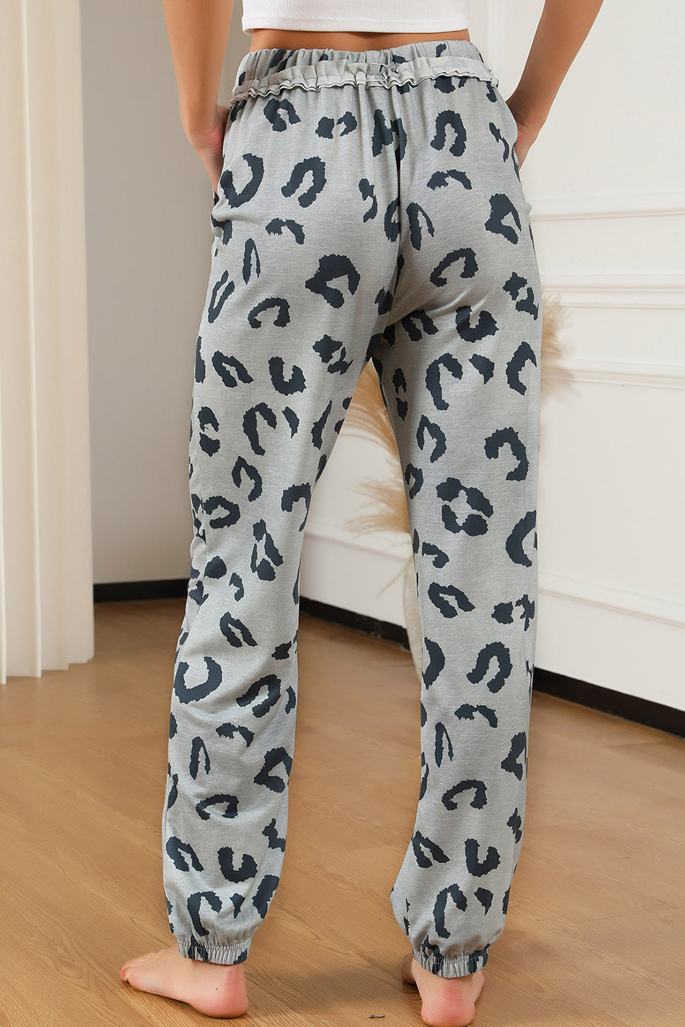 Gray Leopard Print Drawstring High Waist Jogger Pants