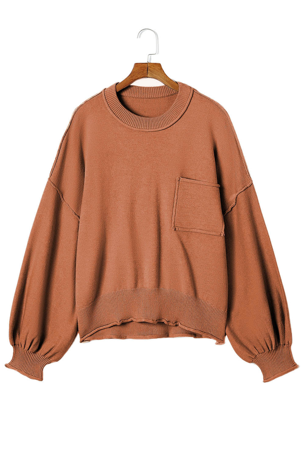 Orange Raw Edge Patch Pocket Exposed Seam Loose Sweater