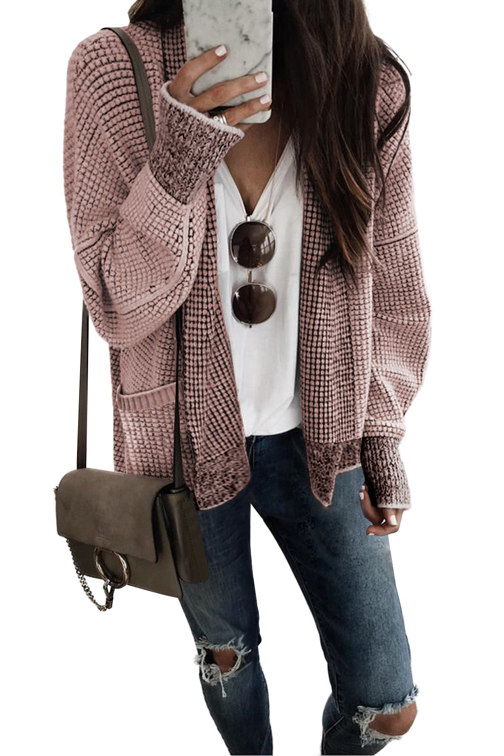 Gray Chunky Waffle Knit Oversized Collar Cardigan