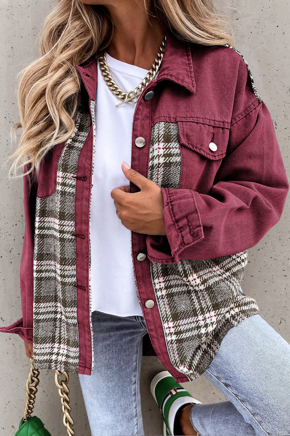 Sky Blue Plaid Patchwork Pockets Denim Jacket