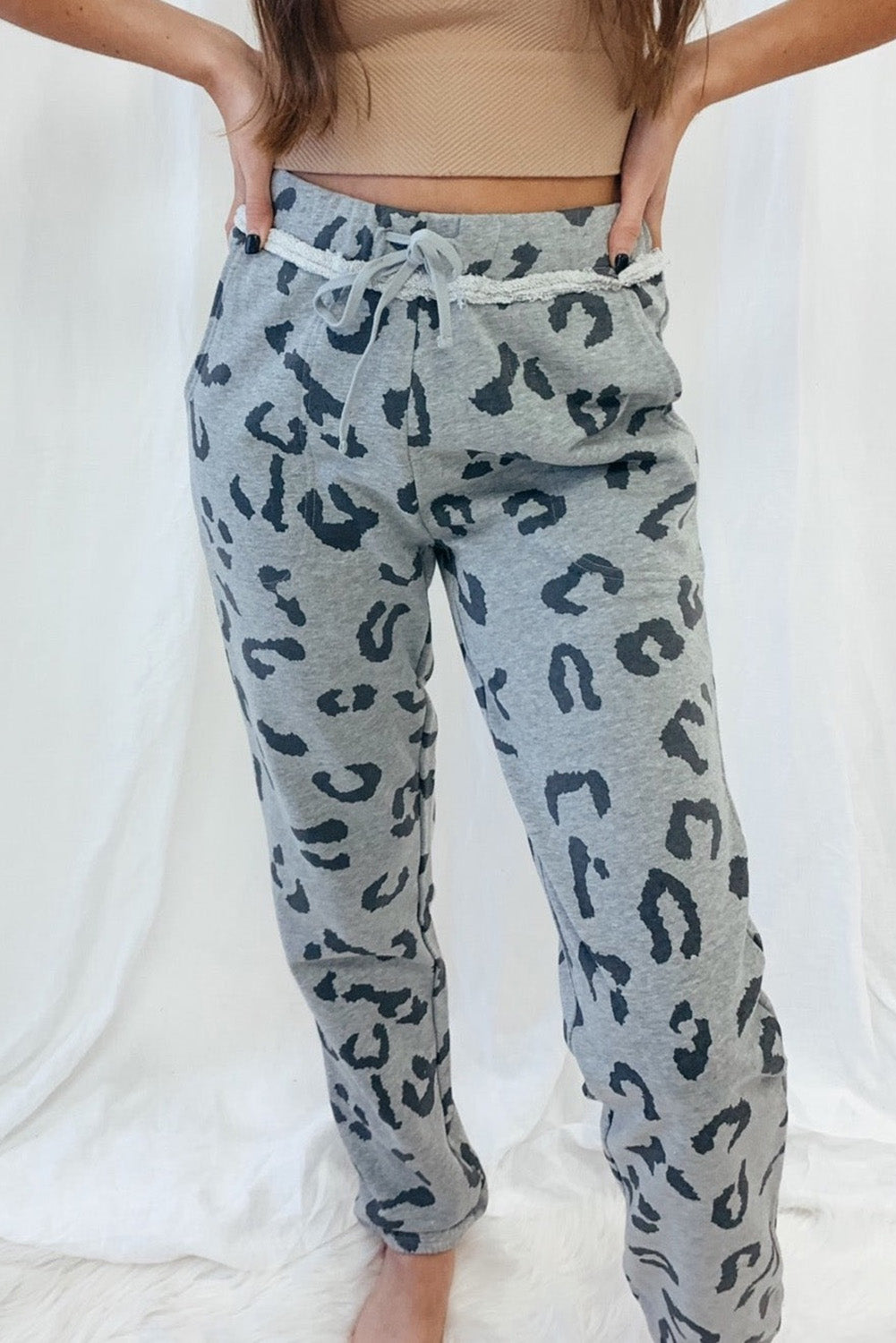 Gray Leopard Print Drawstring High Waist Jogger Pants