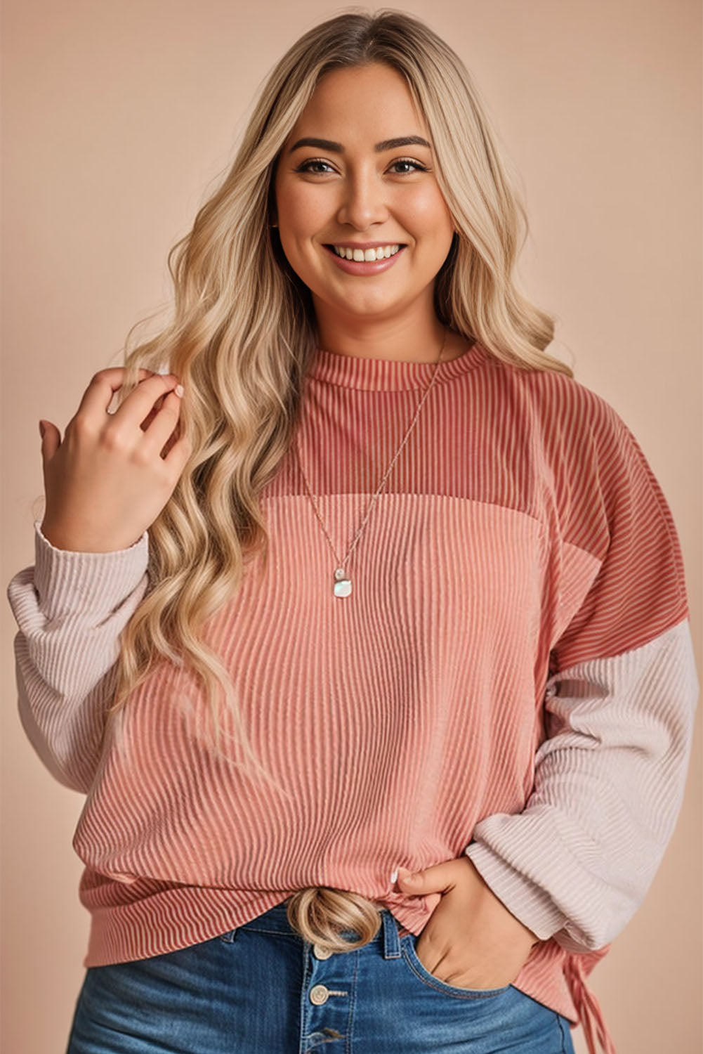 Mineral Red Plus Size Ribbed Colorblock Long Sleeve Top