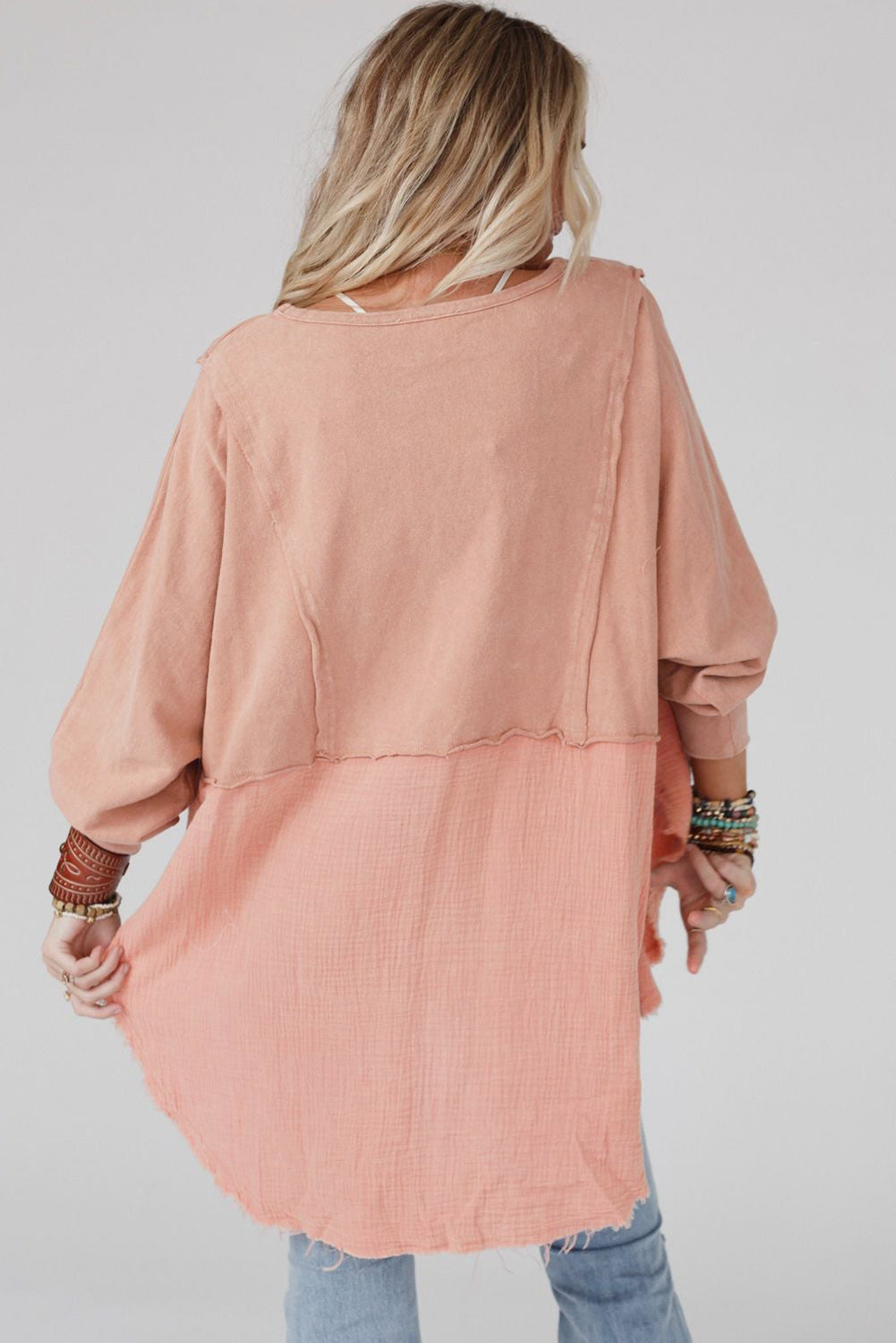 Rose Pink Crinkle Splicing Raw Hem High Low Oversized Blouse