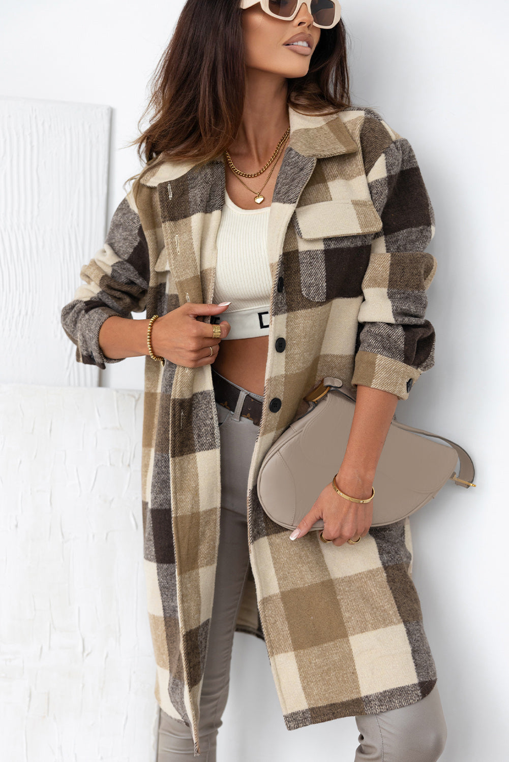 Rose Tan Plaid Button-Down Flap Pocket Long Shacket