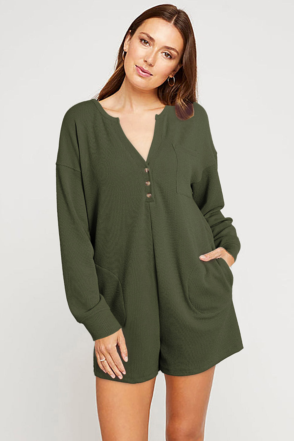 Khaki Brushed Ribbed Button Split V Neck Long Sleeve Romper