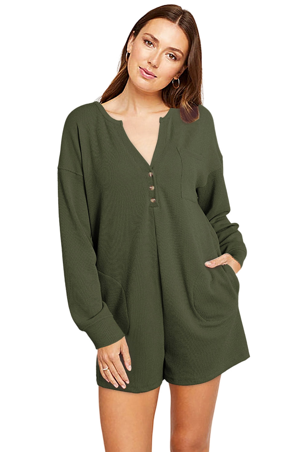 Khaki Brushed Ribbed Button Split V Neck Long Sleeve Romper