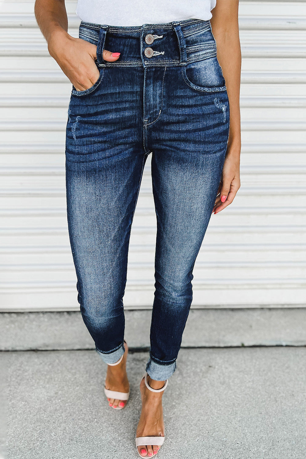 Blue Vintage Washed Two-button High Waist Skinny Jeans