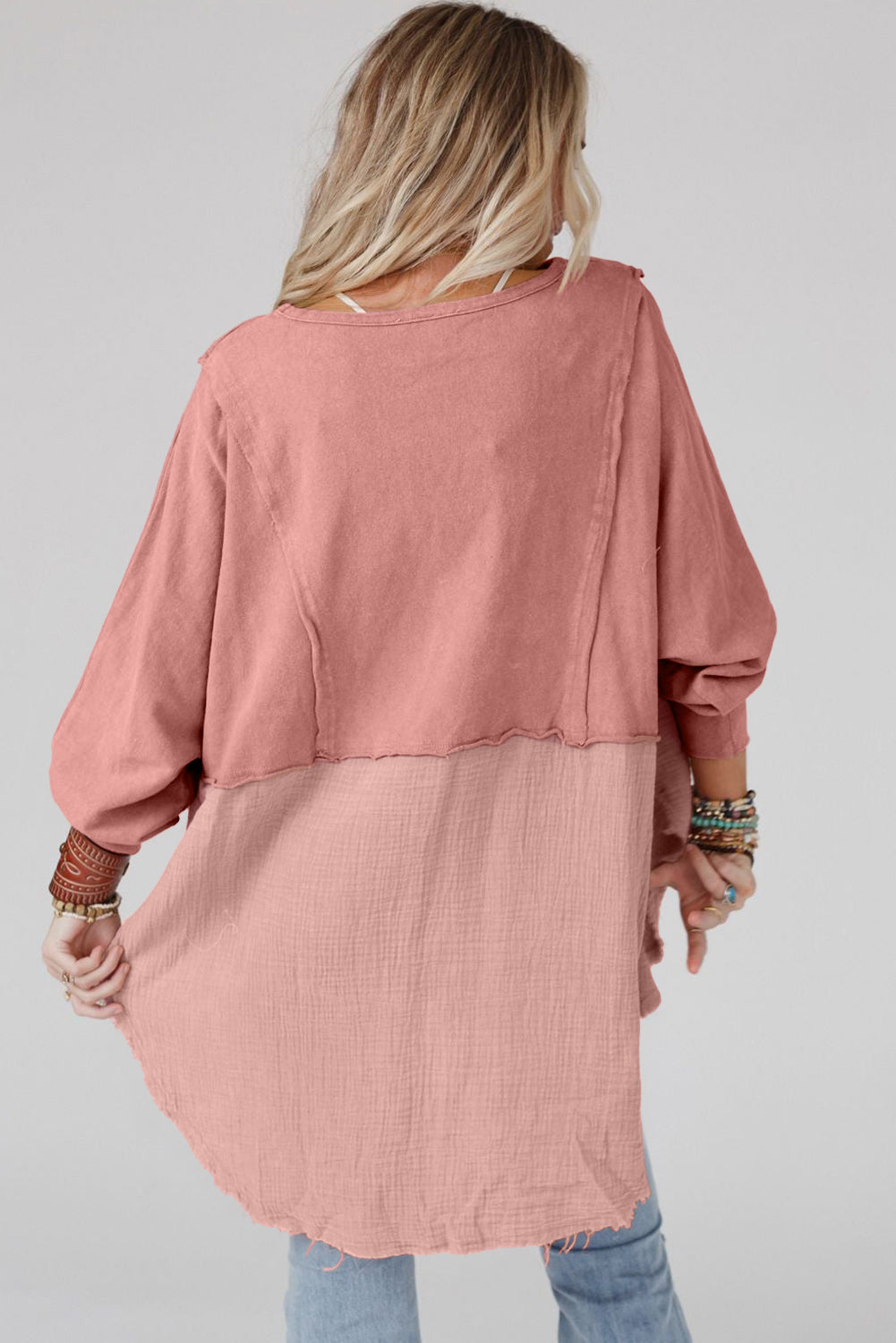 Rose Pink Crinkle Splicing Raw Hem High Low Oversized Blouse