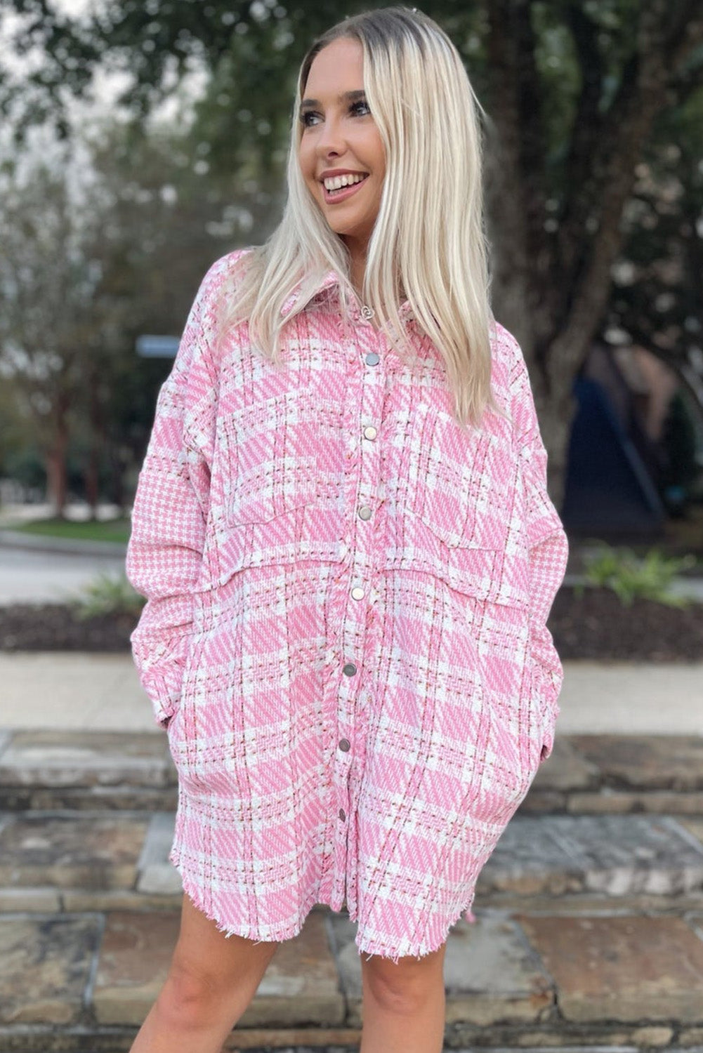 Pink Houndstooth Splicing Oversized Tweed Shacket