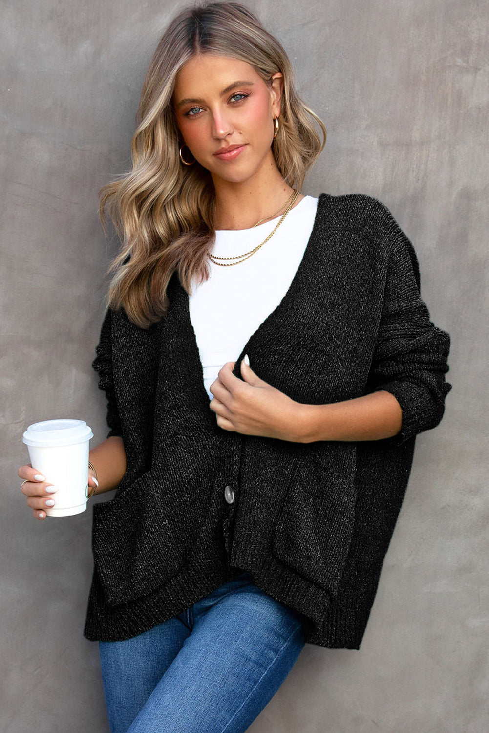 Black Buttons Front Pocketed Sweater Cardigan