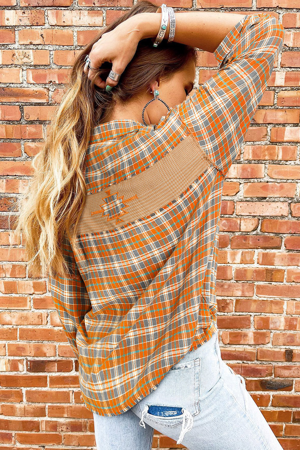 Ginger Plaid Embroidery Patch Button-Down Shacket