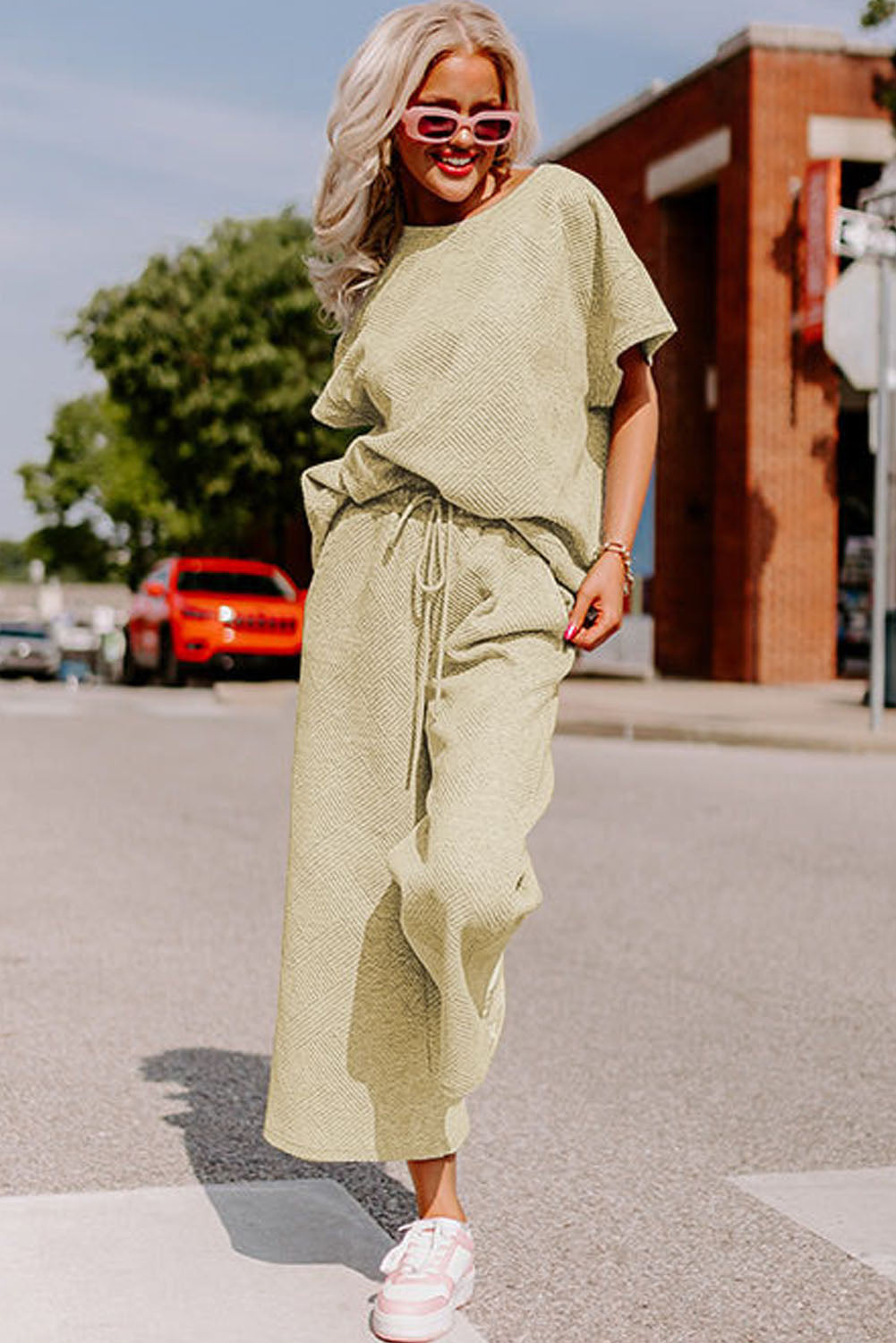 Black Textured Loose Fit T Shirt and Drawstring Pants Set