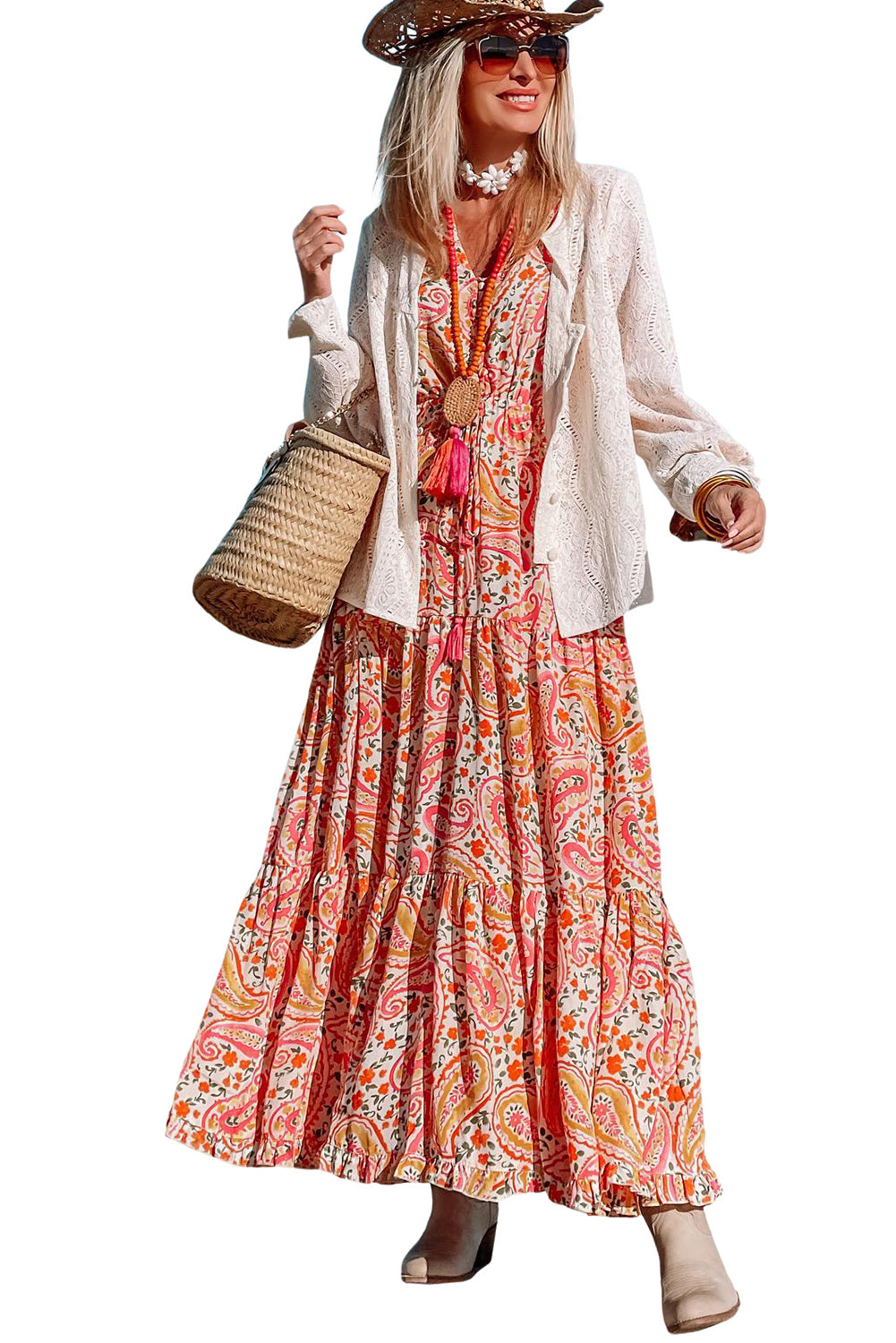 Boho Holiday Paisley Print Tiered Long Sleeve Maxi Dress