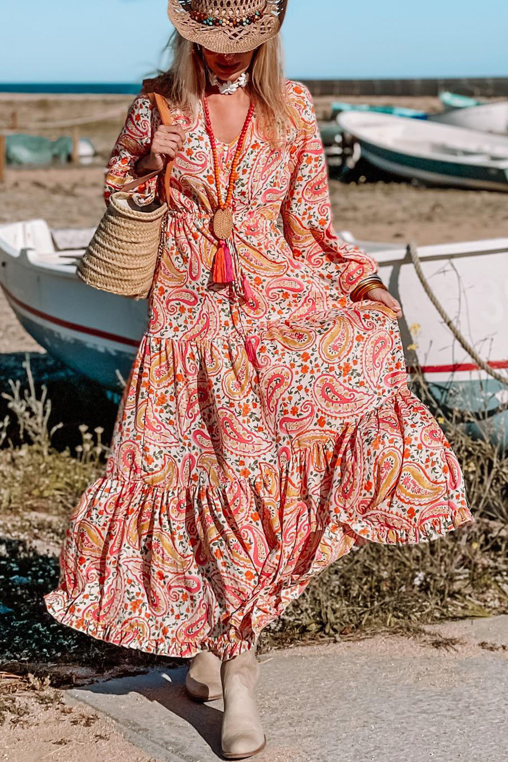 Boho Holiday Paisley Print Tiered Long Sleeve Maxi Dress