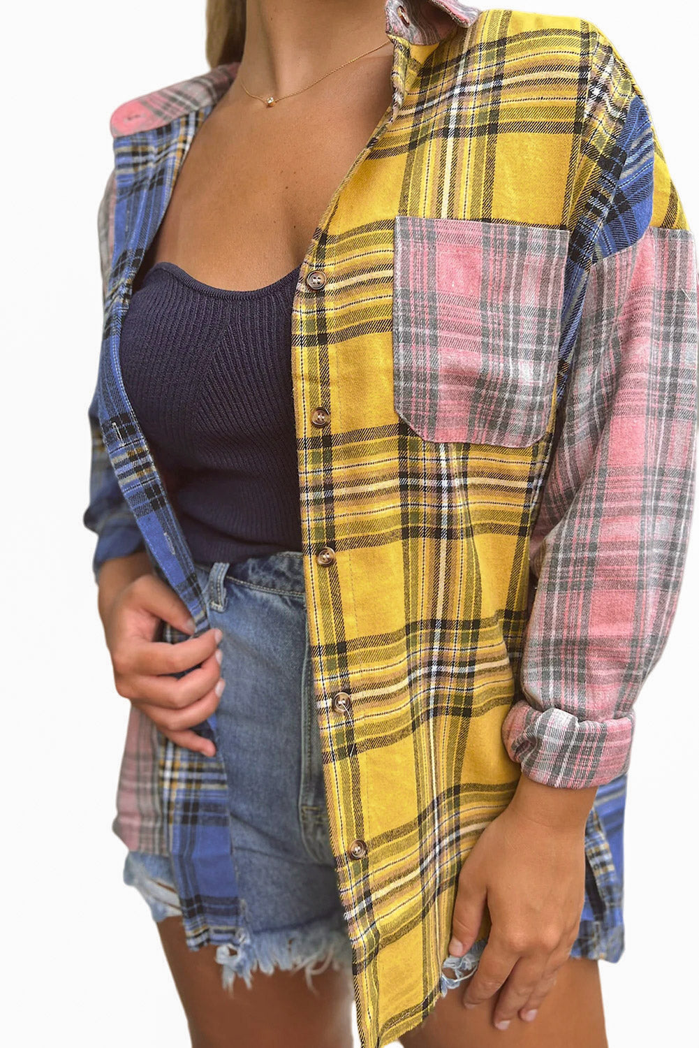 Multicolor Plaid Colorblock Patchwork Shirt